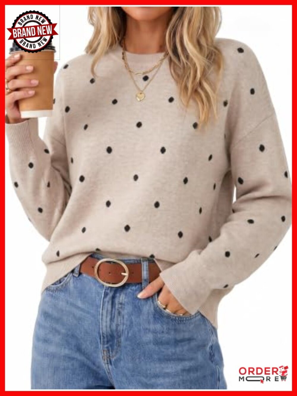 Wool Blend Crew Neck Polka Dot Pullover Sweater Relaxed Fit Long Sleeve